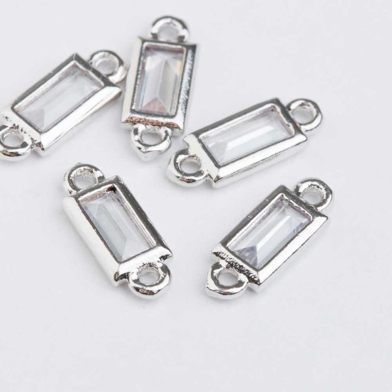 Link cupru placat argintiu dreptunghi briliant 5x12 mm zirconiu alb - 4 buc I Magazinuldepietre.ro