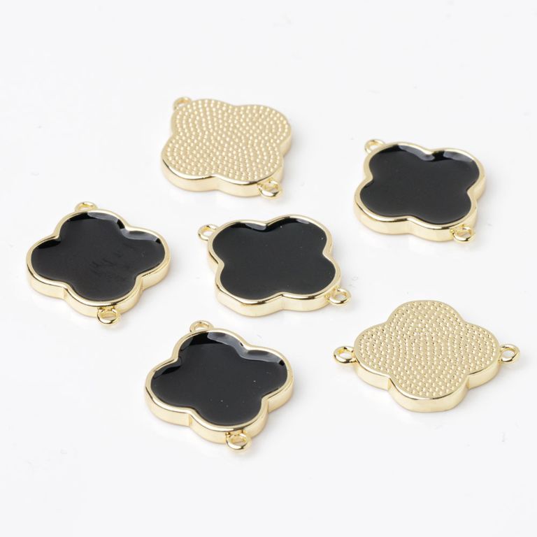 Link cupru placat auriu cruce rotunjita email negru 16x20 mm - 2 buc I Magazinuldepietre.ro